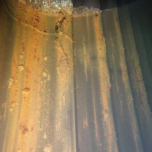 Sprinklertank-Inspektion: Stahltank, 20 Jahre – Inspektion Rohrschelle Schwere Rostablagerungen Wandansicht